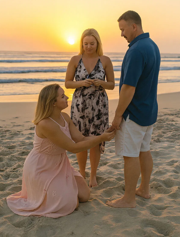 I was relaxing with my husband on the beach when a woman came up to us, knelt down in front of my husband and exclaimed his name.